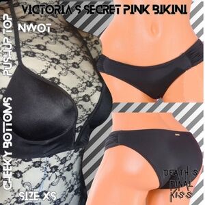 Victoria's Secret PINK Black Pushup Deep Plunge Longline Ruched Cheeky Bikini XS